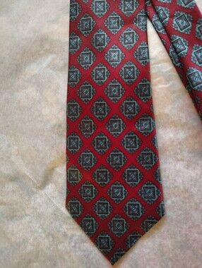 Vintage Ted Lapidus Paris Silk Tie Burgundy Red Teal Blue Geometric Medallion